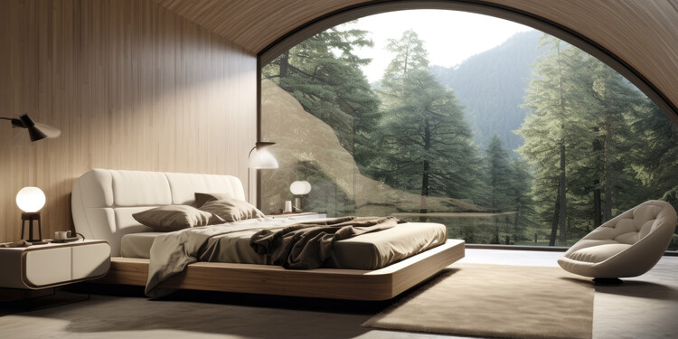 Ein modernes Schlafzimmer mit einem Doppelbett in Naturtönen auf einem freiliegendem Teppich und großem Fenster mit Sicht in einen schönen Wald.