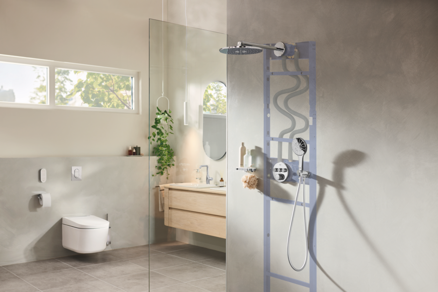 Badezimmer mit GROHE Unterputz-Dusche Rapido und Dusch-WC.