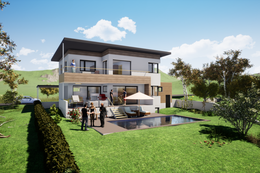 3D Visualisierung eines neuen Einfamilienhauses mit Pools von Planco.