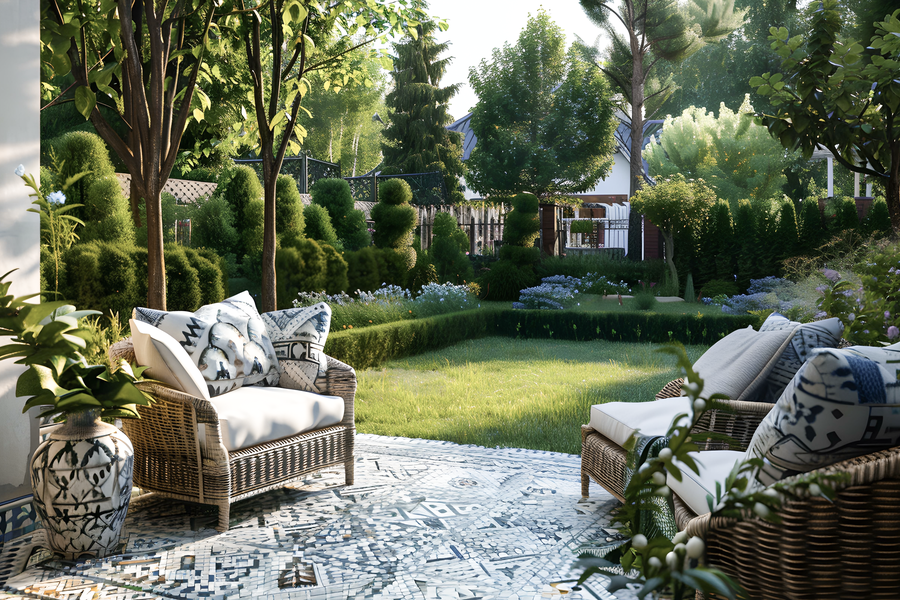 Terrasse mit Mosaikboden und Blick in den grünen Garten.