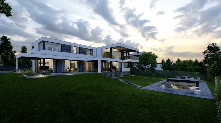 Moderne Villa in Abendstimmung mit Flachdach, Sonnenterrasse, Balkon, Lounge, Pool und Garten von AL Architekt ZT.