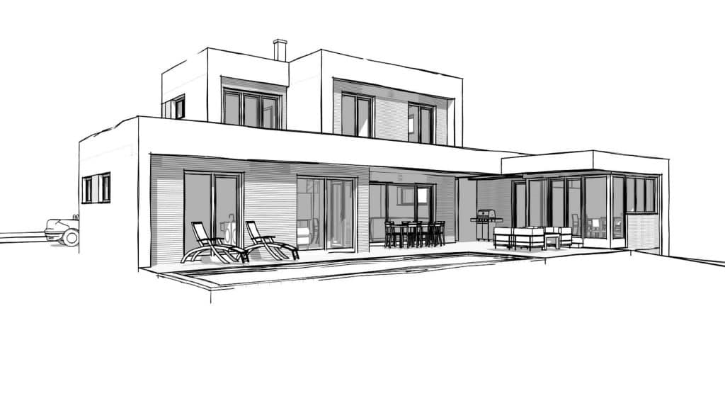 Skizze für geplantes Haus in Außenansicht von BAU-CAD CONSULTING.