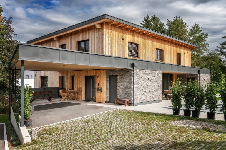 Erler Haus zeigt Einfamilienhaus mit Pultdach, Holzfassade, integriertem Carport, Fassade in Steinoptik und Terrasse.