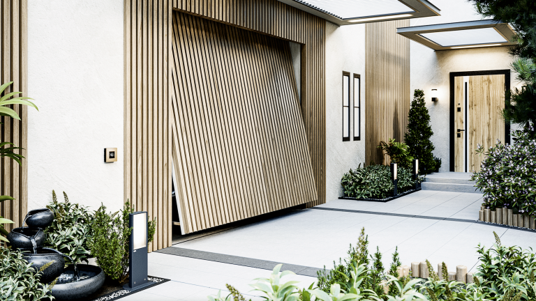 Schalter in schwarz und rosegoldenem Rahmen von Gira neben einer Garage mit Holzverkleidung.