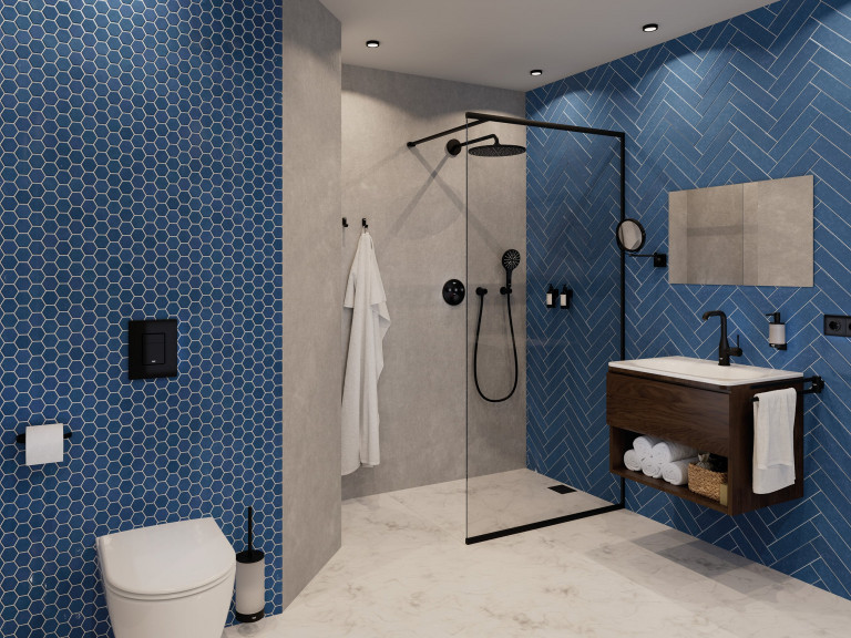 Badezimmer mit mattschwarzen Armaturen von Grohe mit Regendusche und Glastrennwand, weißem Waschbecken mit Holzunterbau und integriertem Ablagefach und blauen Fliesen.