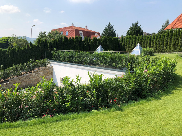 Tageslichtpyramide für begrünte Garage und Glasgeländer von Glas Holzinger.