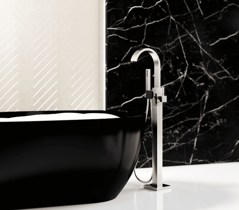 Wellness im edlen Designer-Bad: Die frei stehende „Empire Royal Crystal”-Wannenarmatur mit Handbrause in Nickel matt mit mattschwarzem Kristallgriff passt perfekt zum italienischen Design der ovalen Badewanne „Reflex” von Antonio Lupi.