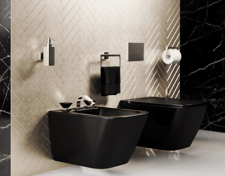 „Empire Royal Crystal“ in Nickel matt mit Kristallgriffen in Mattschwarz – ein edler Blickfang auch im WC-Bereich! Stimmig veredelt zeigen sich Bidet-Armatur, Accessoires und WC-Betätigunsplatte. Im Trend das WC und Bidet als Wandmodelle.