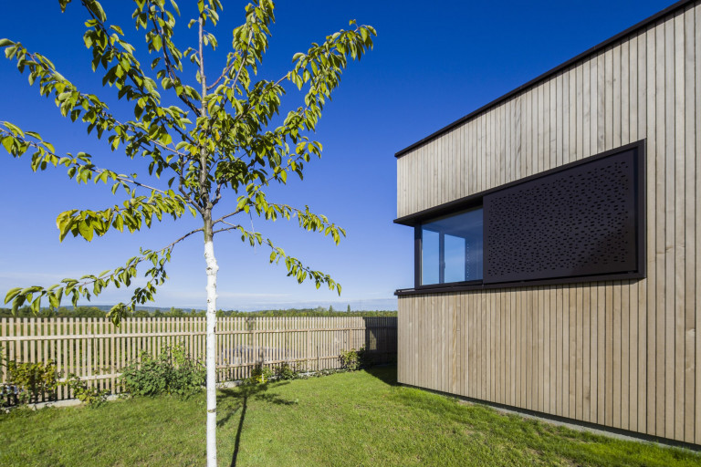 Modernes Flachdach-Holzhaus mit Querfenster das um das Hauseck geht mit schwarzem Rahmen von Josko.