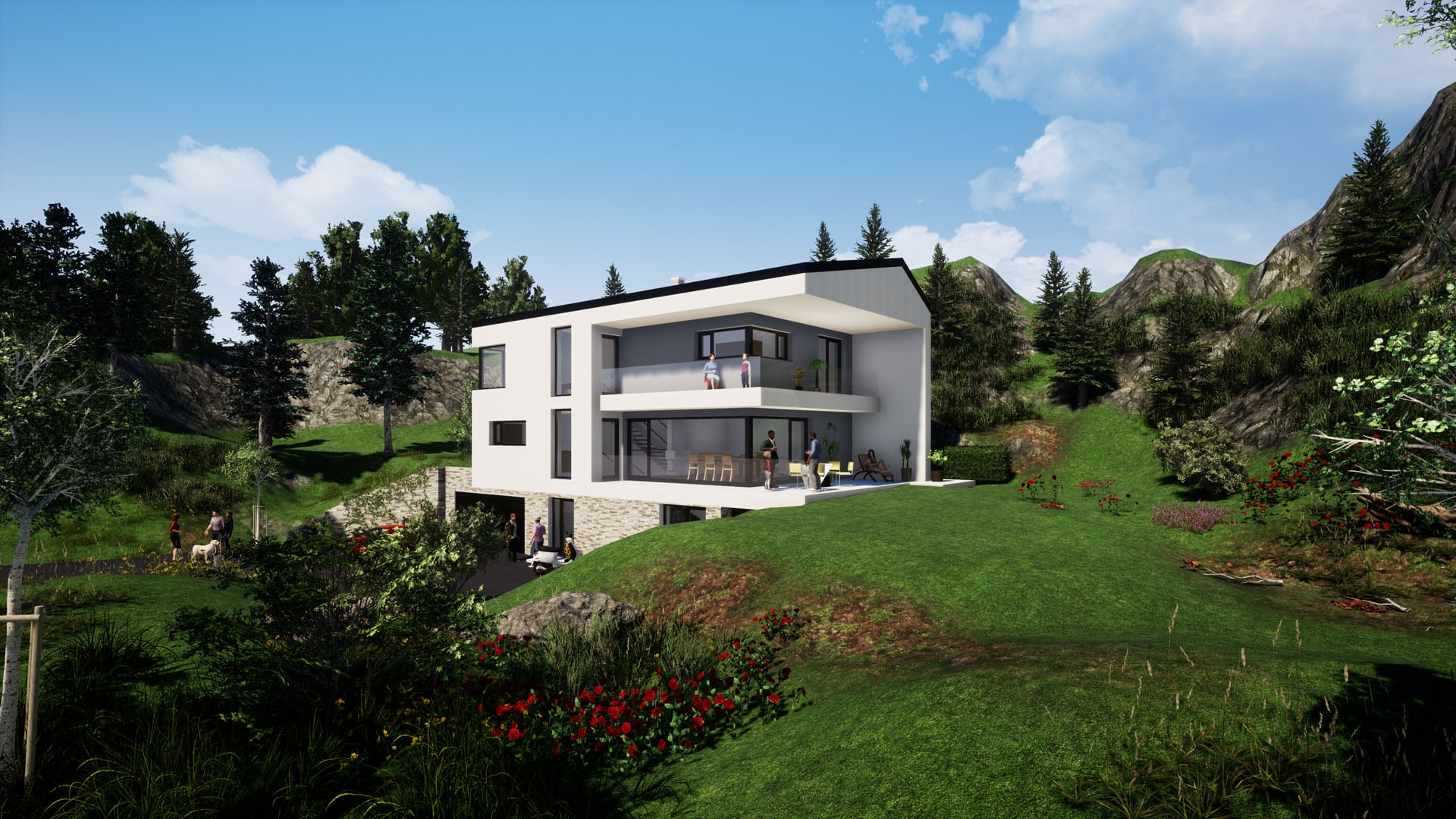 Planco zeigt 3D-Visualisierung für ein modernes Mehrfamilienhaus mit Satteldach in einer Hanglage mit Garage und zwei Balkone von Planco.