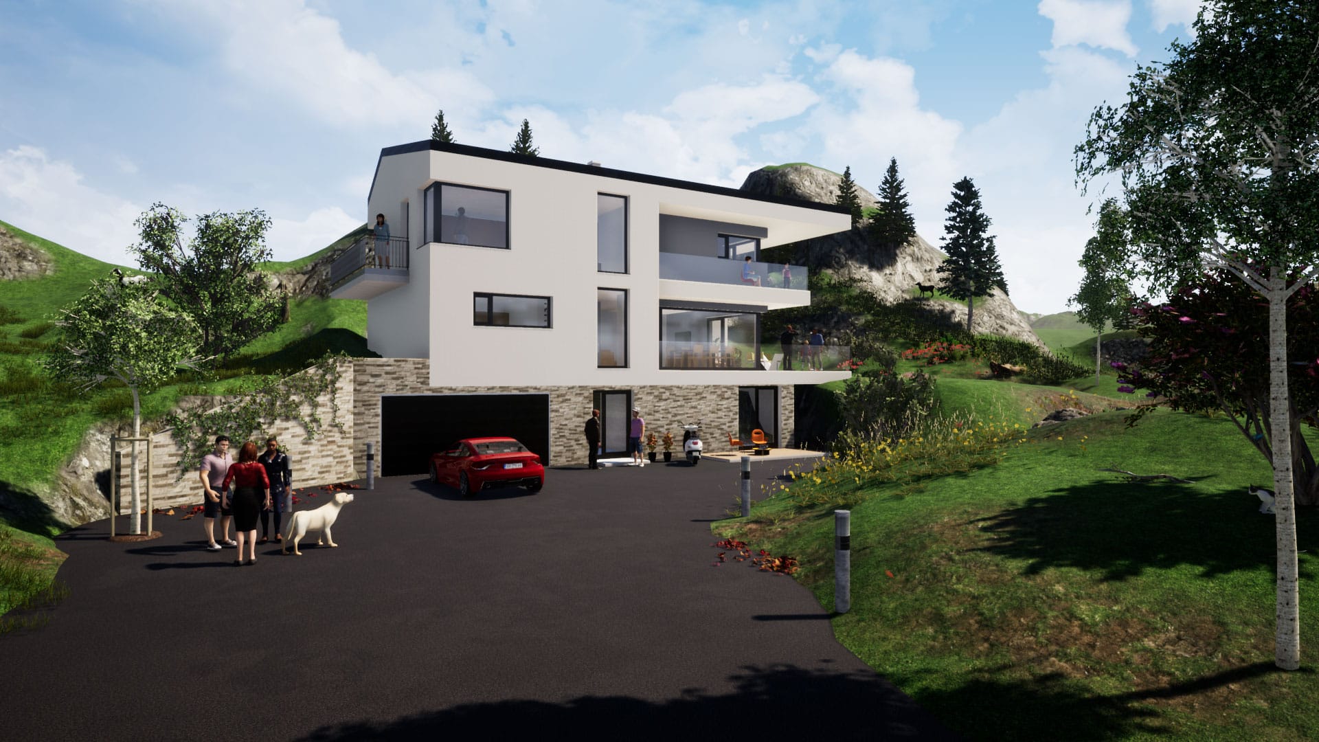 Planco zeigt 3D-Visualisierung für ein modernes Mehrfamilienhaus mit Satteldach in einer Hanglage mit Garage und zwei Balkone von Planco.