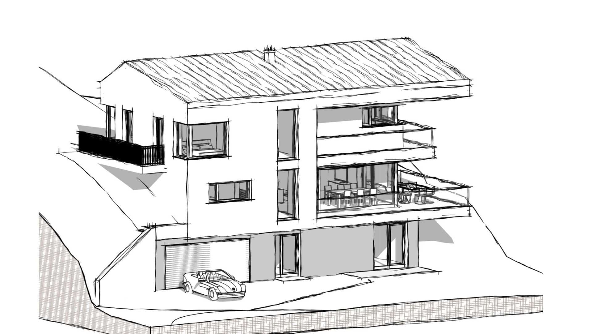 Planco zeigt 3D-Visualisierung für ein modernes Einfamilienhaus mit Satteldach in einer Hanglage mit Balkon und Garage von Planco.