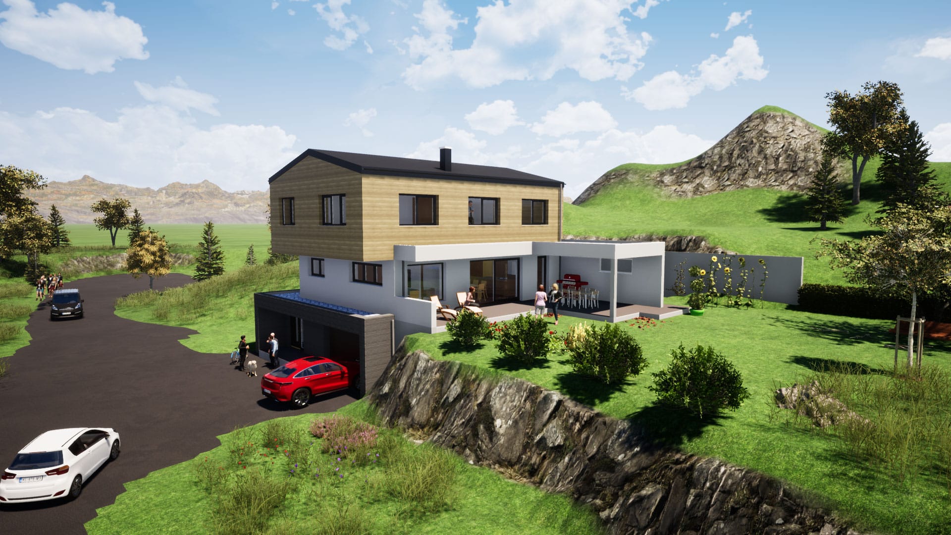 Planco zeigt 3D-Visualisierung für ein modernes Einfamilienhaus in Hanglage mit Satteldach, überdachter Terrasse und Garage von Planco.