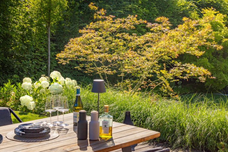 Praskac Pflanzenland Prachtgarten zeigt Garten mit Terrasse und Holztisch vor einem Beet mit Ziergräsern und Ahornbaum.