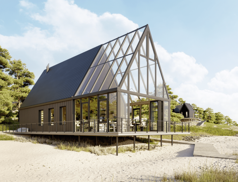 Solarlux zeigt ein modernes Strandhaus mit brauner Fassade und einem Glasdach mit durchgehendem Balkon und Zugang aus Holz zum Strand.