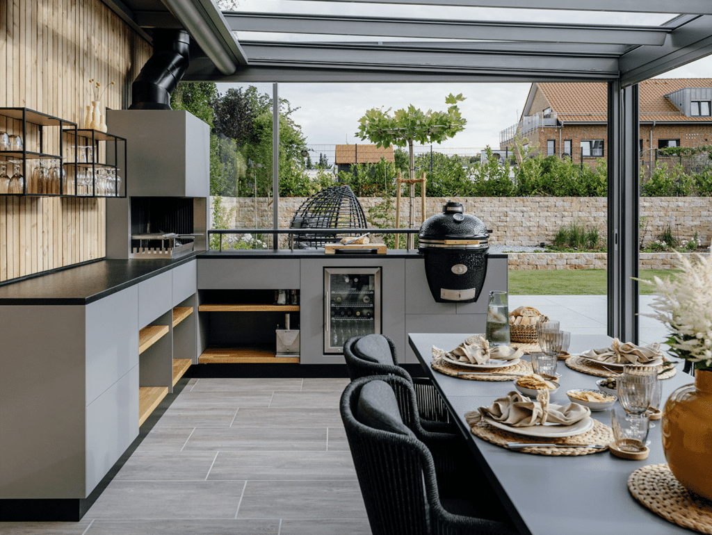 Innenansicht von Acubis Glashaus von Solarlux mit vollausgestatteter Outdoorküche mit Keramikgrill und Kühlschrank.