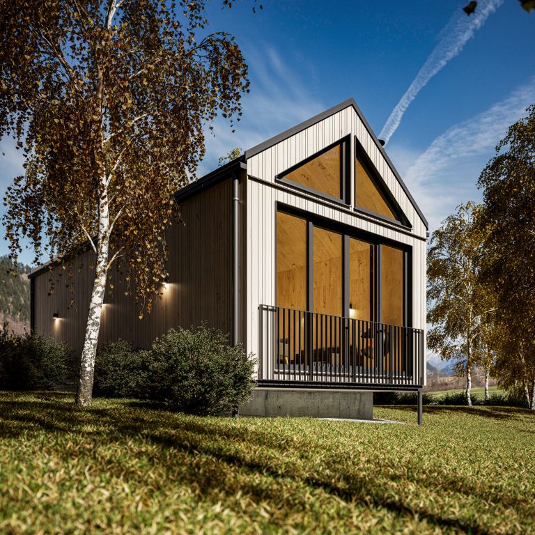 Tinyhaus von Wolf Systembau mit Holzfassade, Giebelfenster, französischem Balkon und Ganzglassystem.