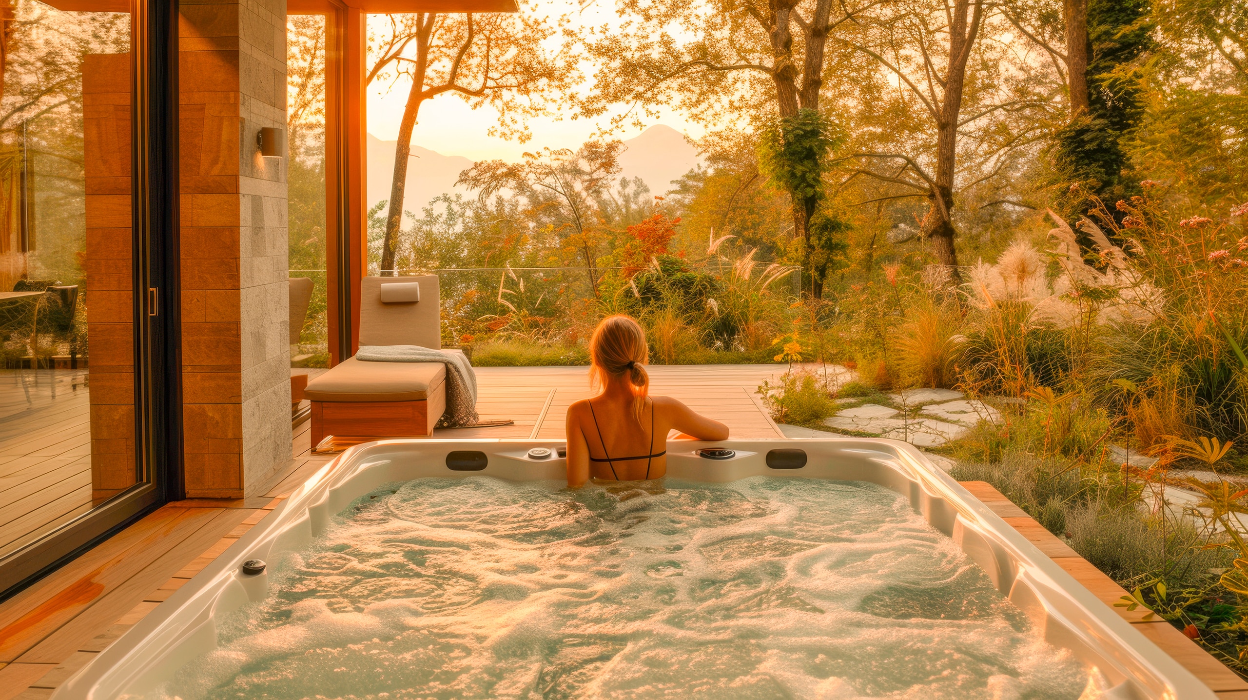 Frau in einem Whirlpool im Freien, blickend auf die Sonneliege unter den Bäumen mit herrlichen Ausblick in die Naturlandschaft.