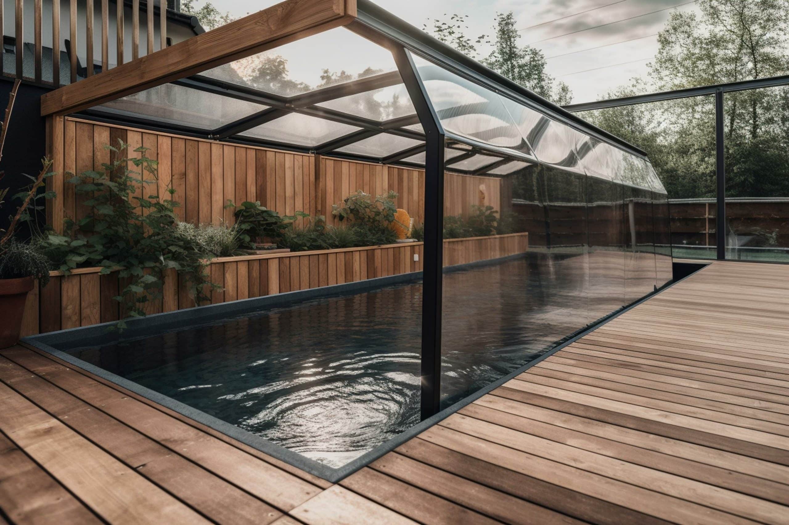 Ein schöner rechteckiger Pool mit Holzumrandung und einer Poolüberdachung aus Glas und vielen Pflanzen am Beckenrand.