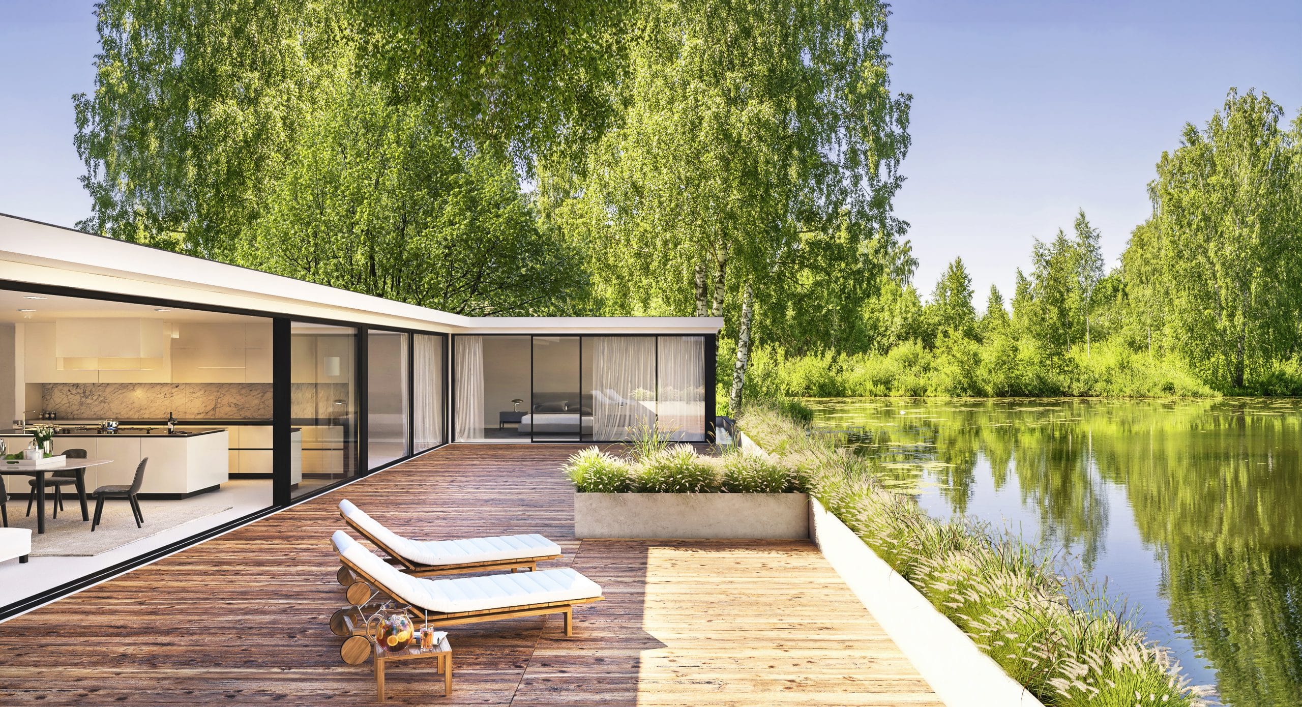 Bungalow mit großer Terrasse in der Natur.