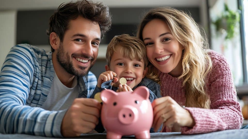 Junge Familie wirft Geld in ein Sparschwein.