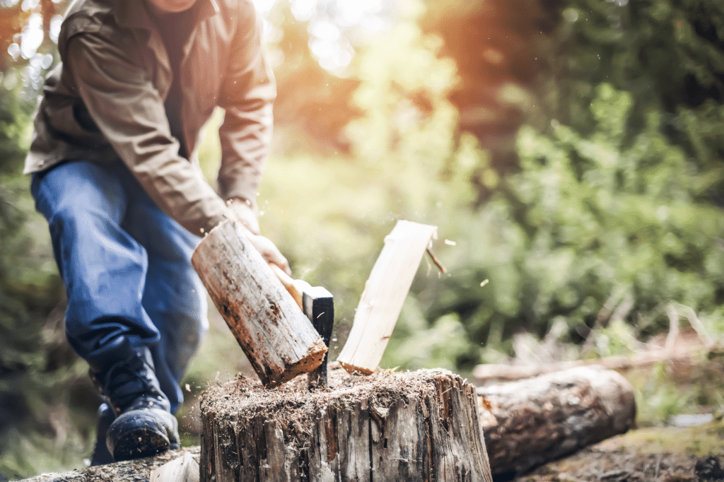 Man hackt  im Wald mit einer Axt ein Holzscheit auf einem Baumstamm.